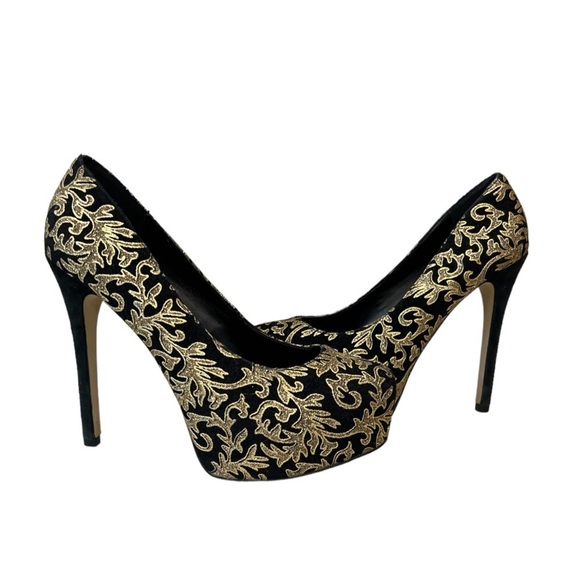 Bebe Tessa Baroque Gold and Black Stiletto Platform Pumps Size 8.5 - Picture 1 of 9